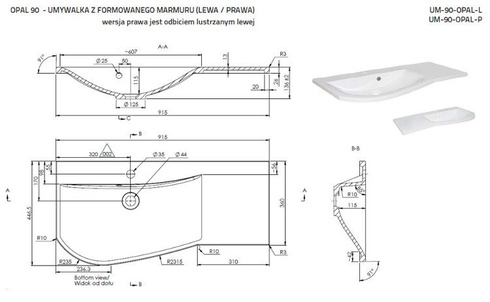 Umywalka Oristo Opal UME-OP-90-92-L lewa biały połysk