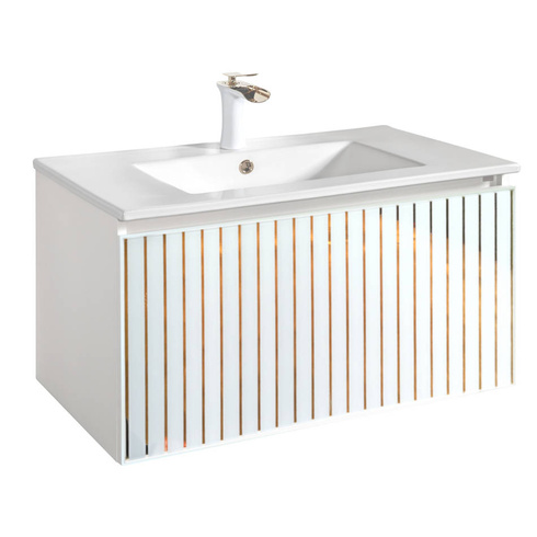 Szafka łazienkowa biała Sanitti Fence 80 front lustro złote paski