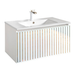 Szafka łazienkowa biała Sanitti Fence 80 front lustro złote paski