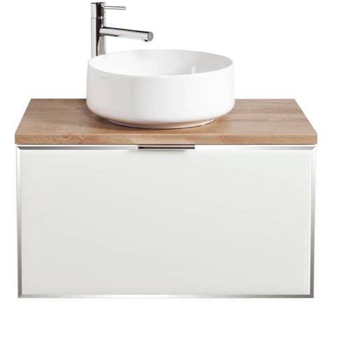 Biała szafka łazienkowa z blatem dąb classic Sanitti Delta 80 front szklany
