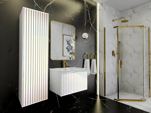 Regał łazienkowy biało złoty wiszący front szklany Sanitti Fence